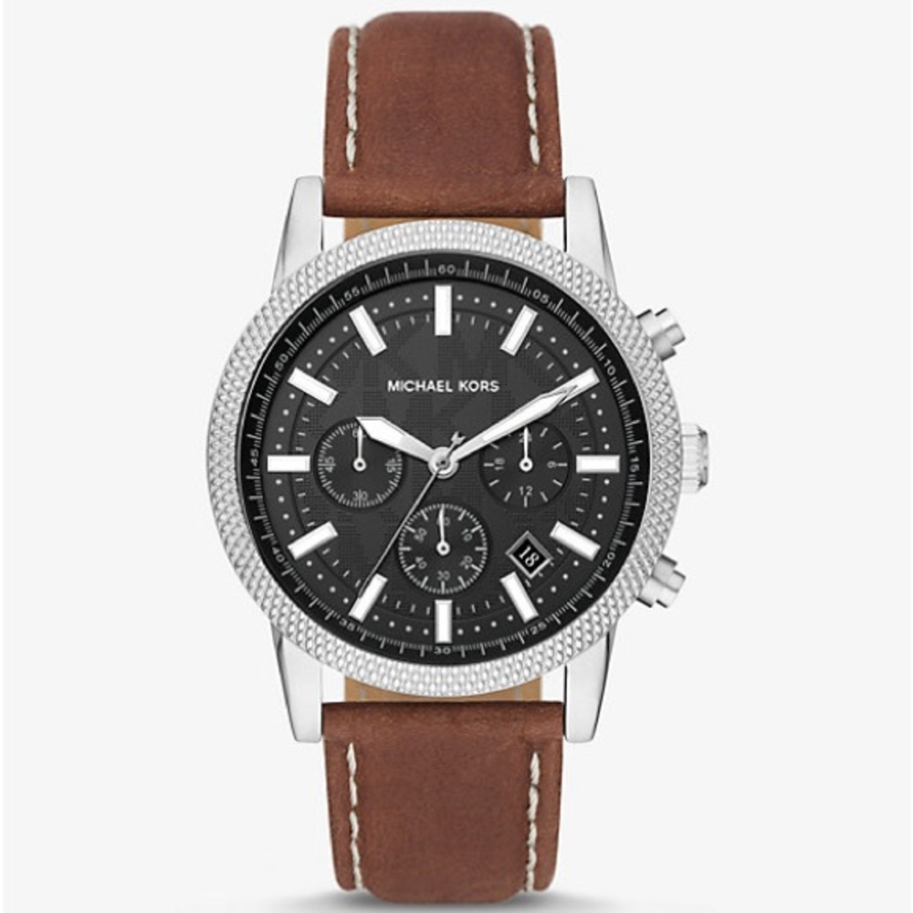 Michael Kors Oversized Hutton Silver-Tone and Brown Leather Watch